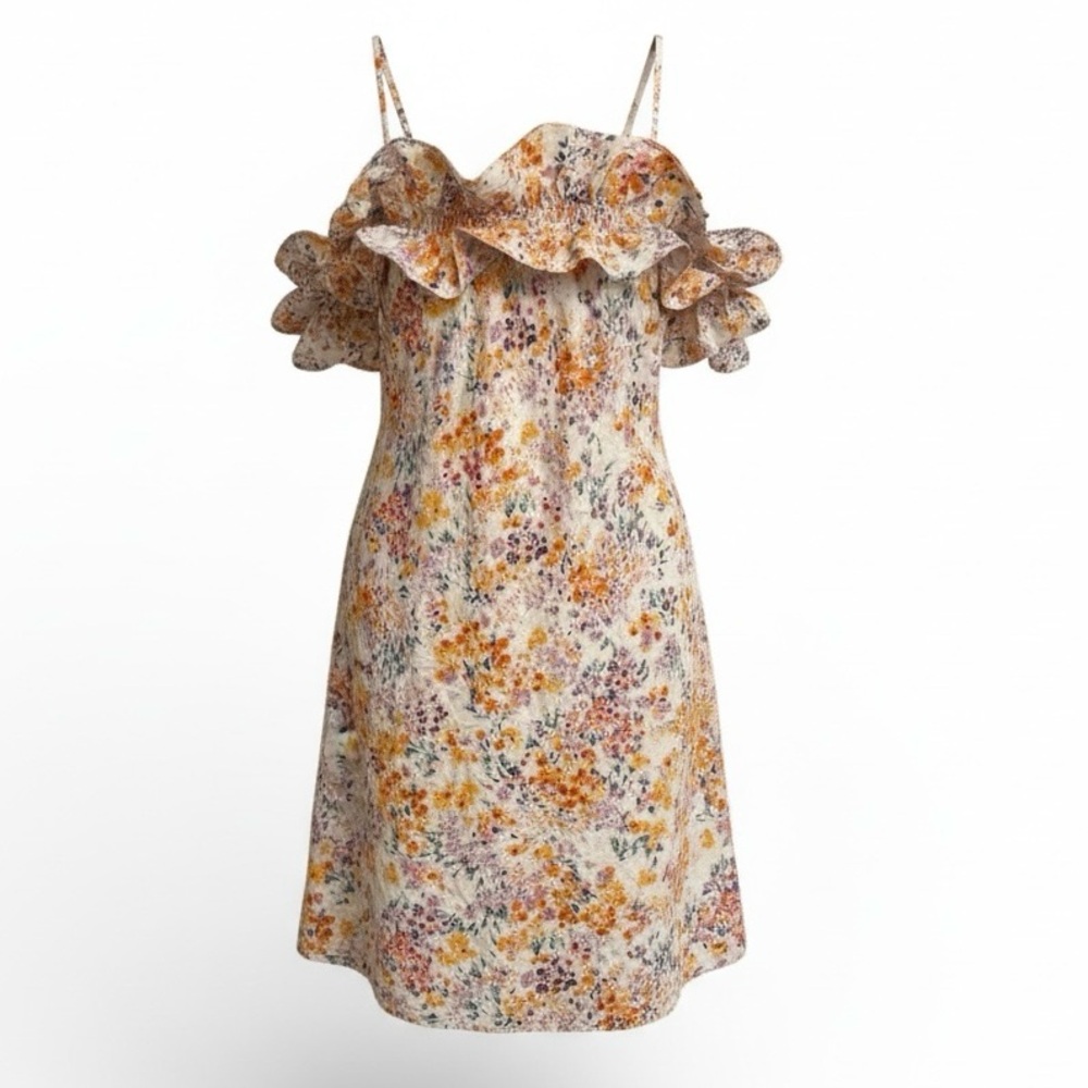 H&M Floral Linen Blend‎ Double Ruffle Babydoll Summer Dress Small
